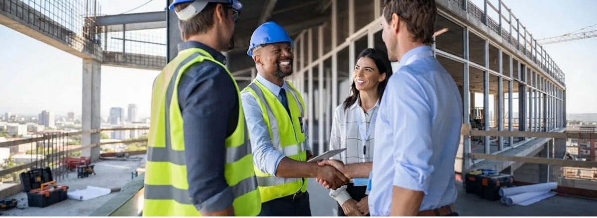 Two contractor engineers in hard hats and safety vests shaking hands with two people in business casual and smiling.