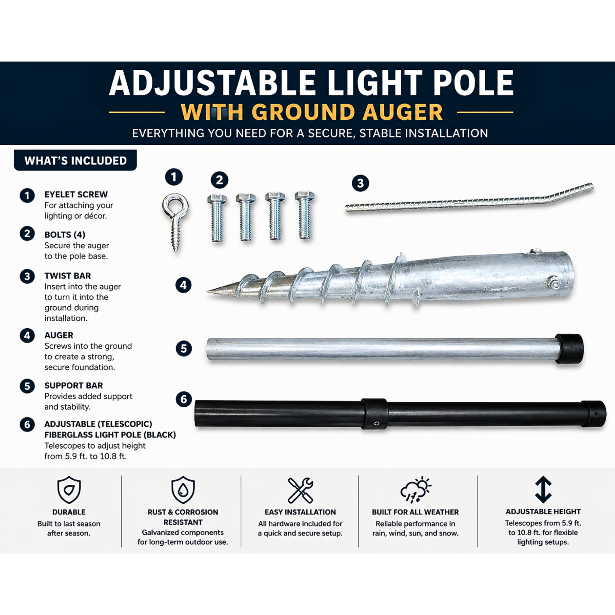 Light Pole - Adjustable Height w/ Ground Auger