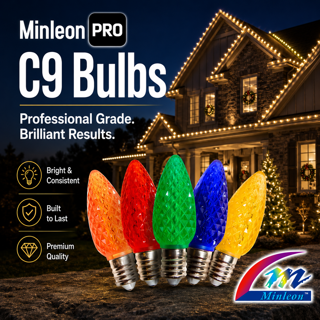 Five Minleon PRO C9 bulbs in orange, red, green, blue, and yellow are shown in front of a house decorated with string lights at night. The image includes promotional text and Minleon branding.